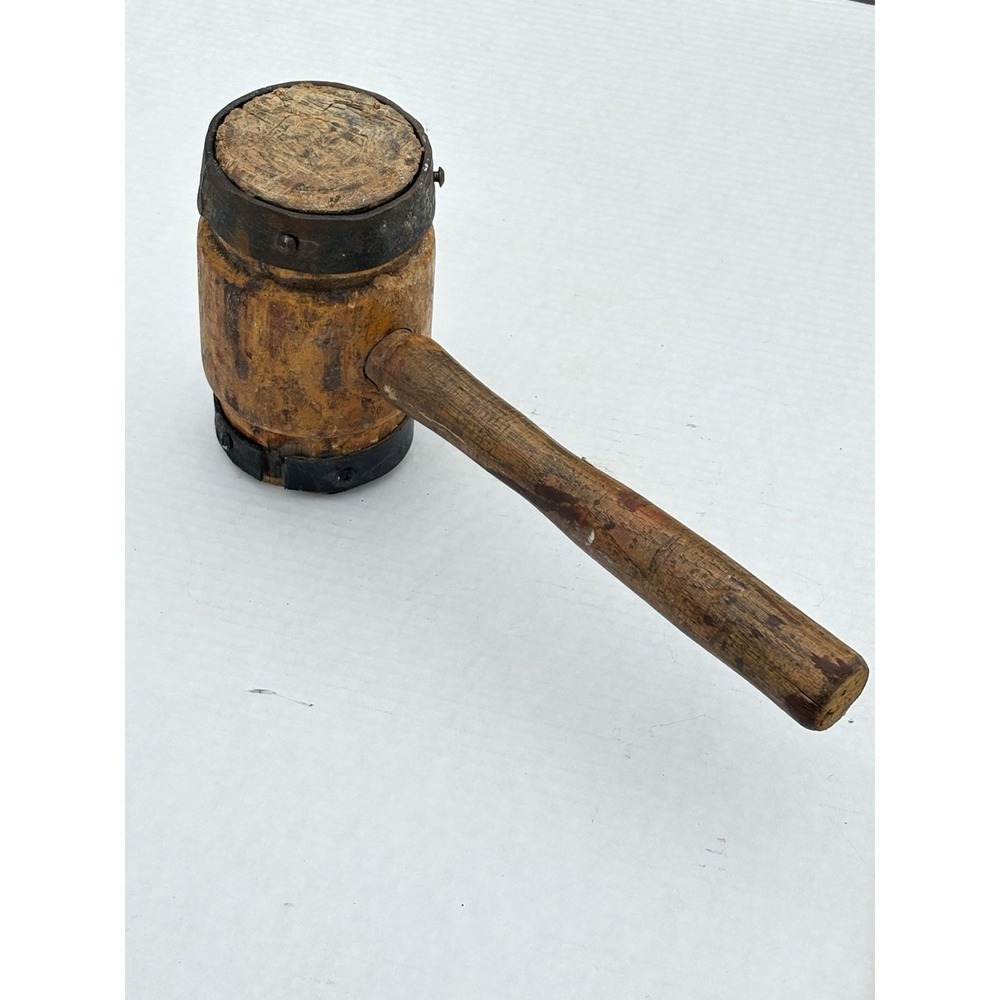 Antique Primitive Large Wood & Metal Mallet Hammer Rustic Decor Brutalist 13" - Picture 9 of 9